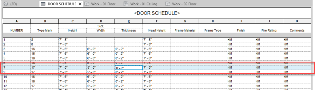 Revit highlighted row